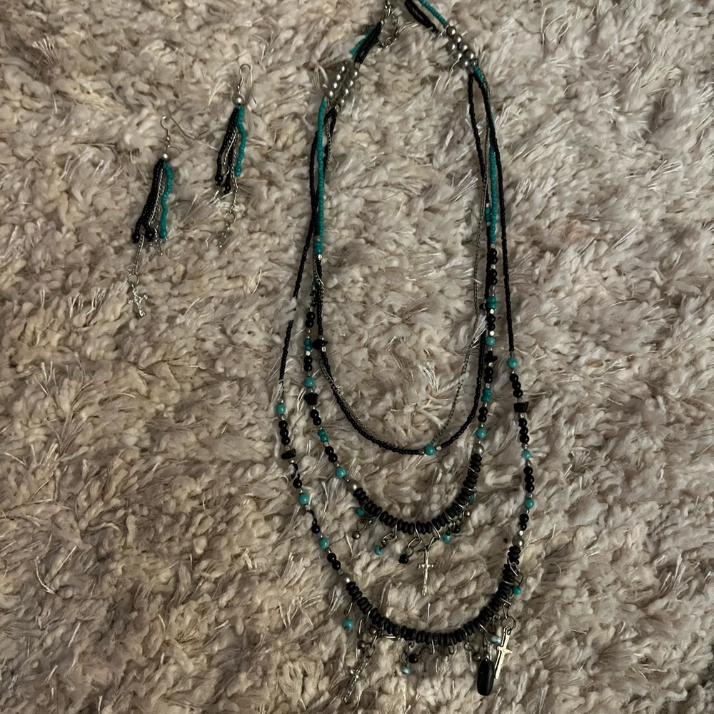 Turquoise & Black Crosses Necklace & Earrings Set